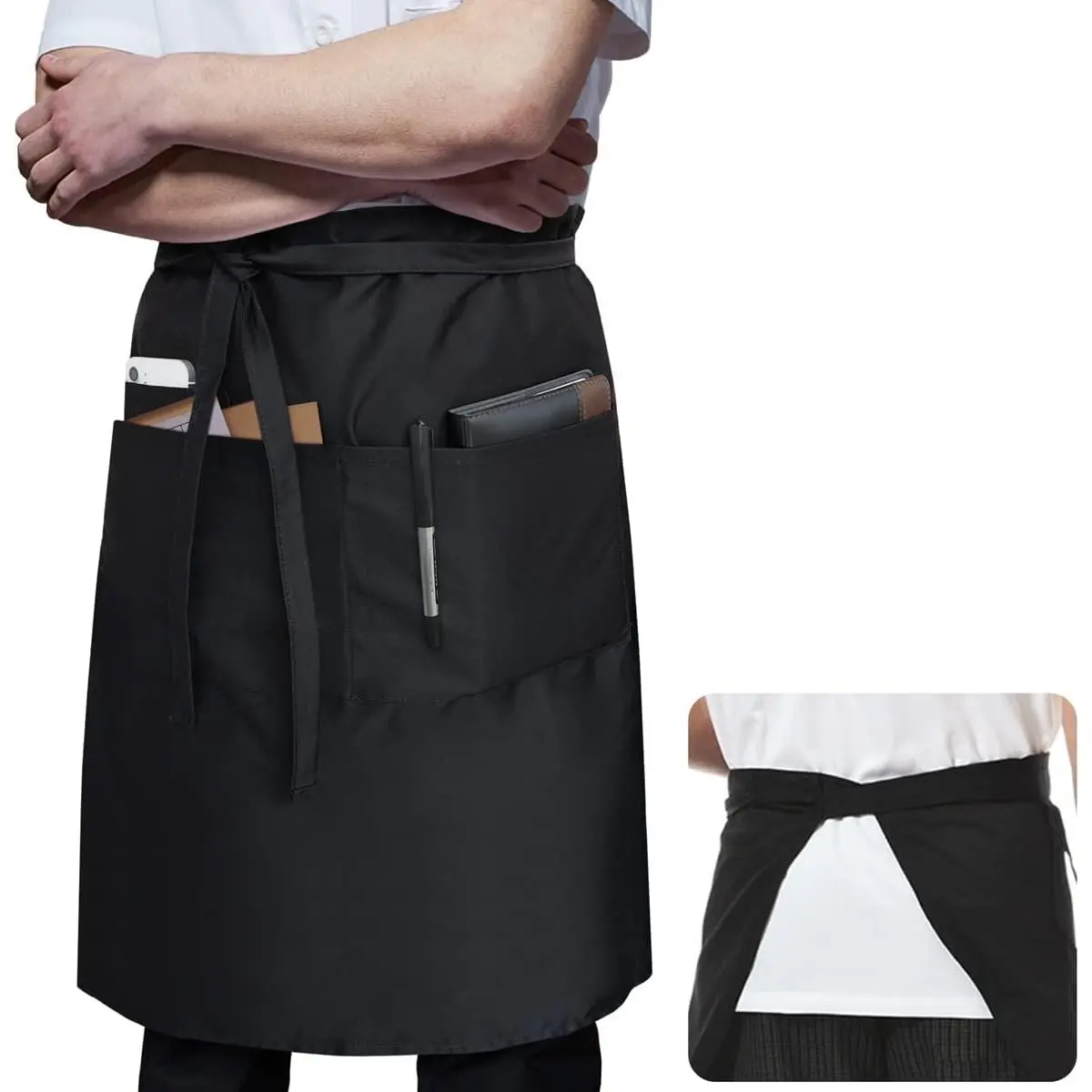Long Server Apron Black with 3 Pockets 28" Bistro Aprons  | 34" x 28", Half  Apron, for Waiter Waitress,  Aprons for Men Women, for Kitchen, Chef, Serving