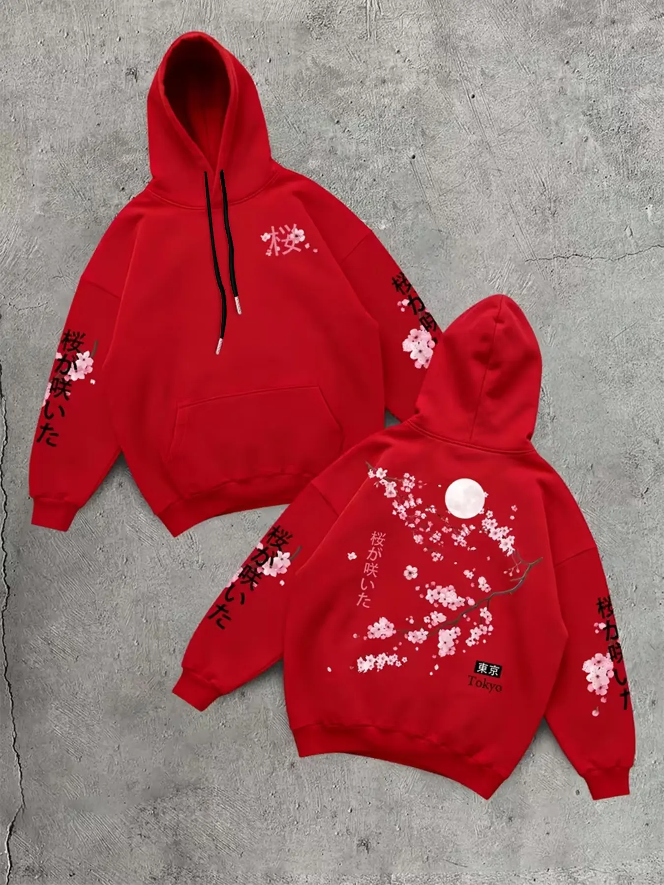Japanese Style Cherry Blossom Full Moon Tokyo Hoodie, Autumn Winter Men's Retro Japanese Streetwear, Long Sleeve Casual Sweatshirt, Casual Streetwear Pullover