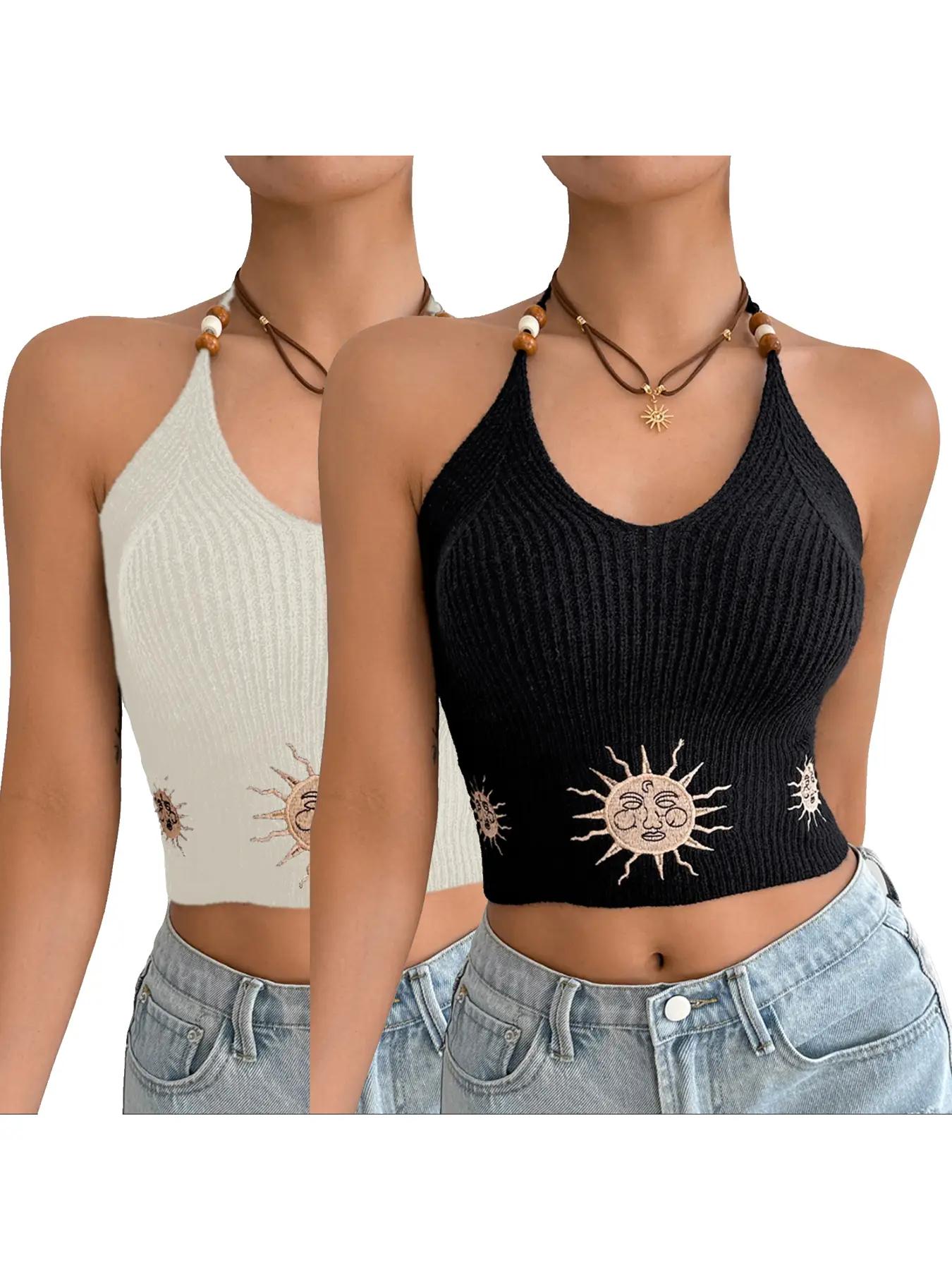 Women's Ethnic Pattern Halter Neck Crop Sweater Vest, Boho Casual Tie Back Backless Cami Top for Summer, Ladies Clothes for Beach Holiday Vacation