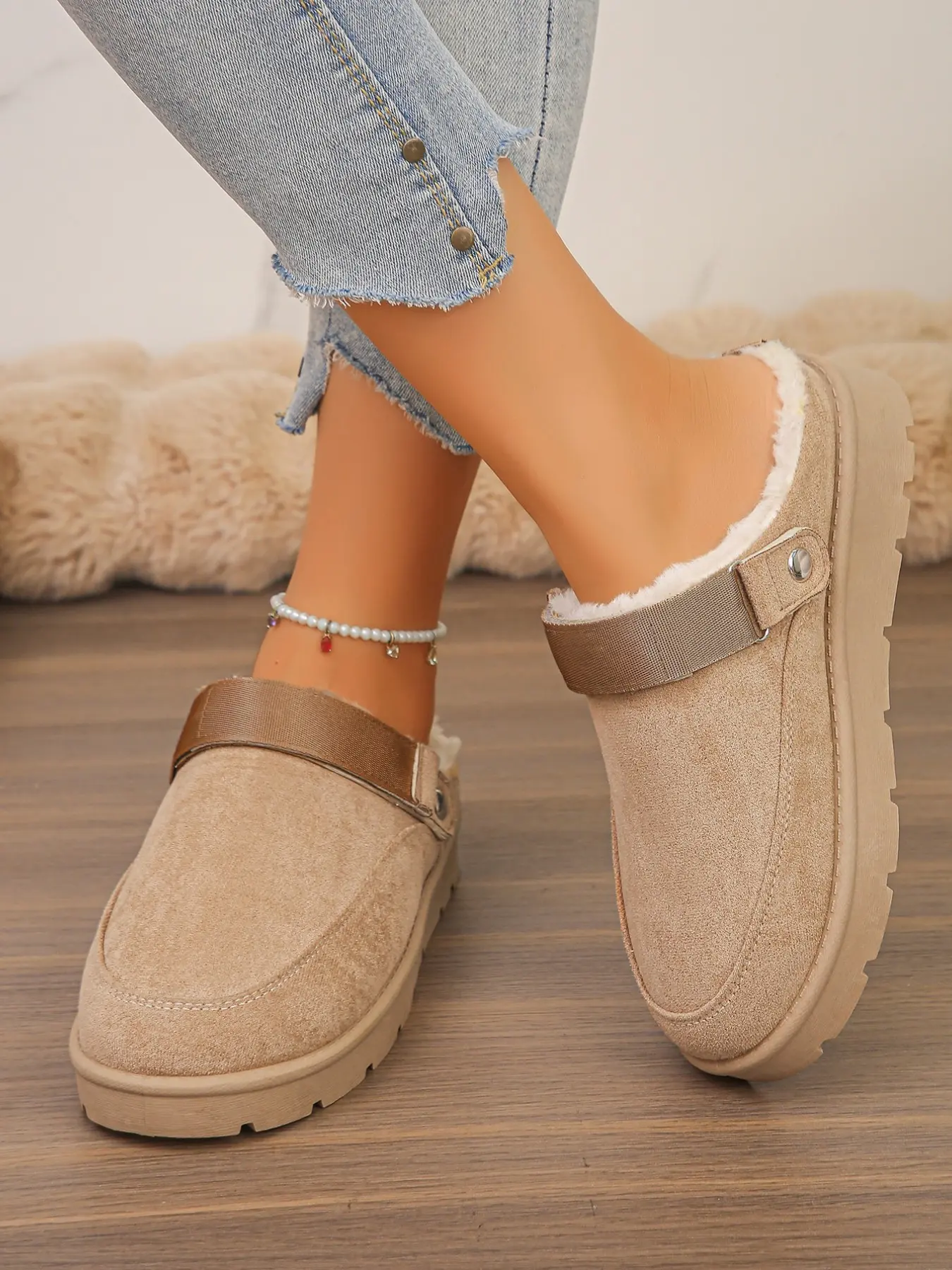 Women's New Fashion Comfortable Autumn Winter Warm Thick Sole Slip-On Cotton Shoes, Faux Suede Plush Lining Lazy Mueller Shoes
