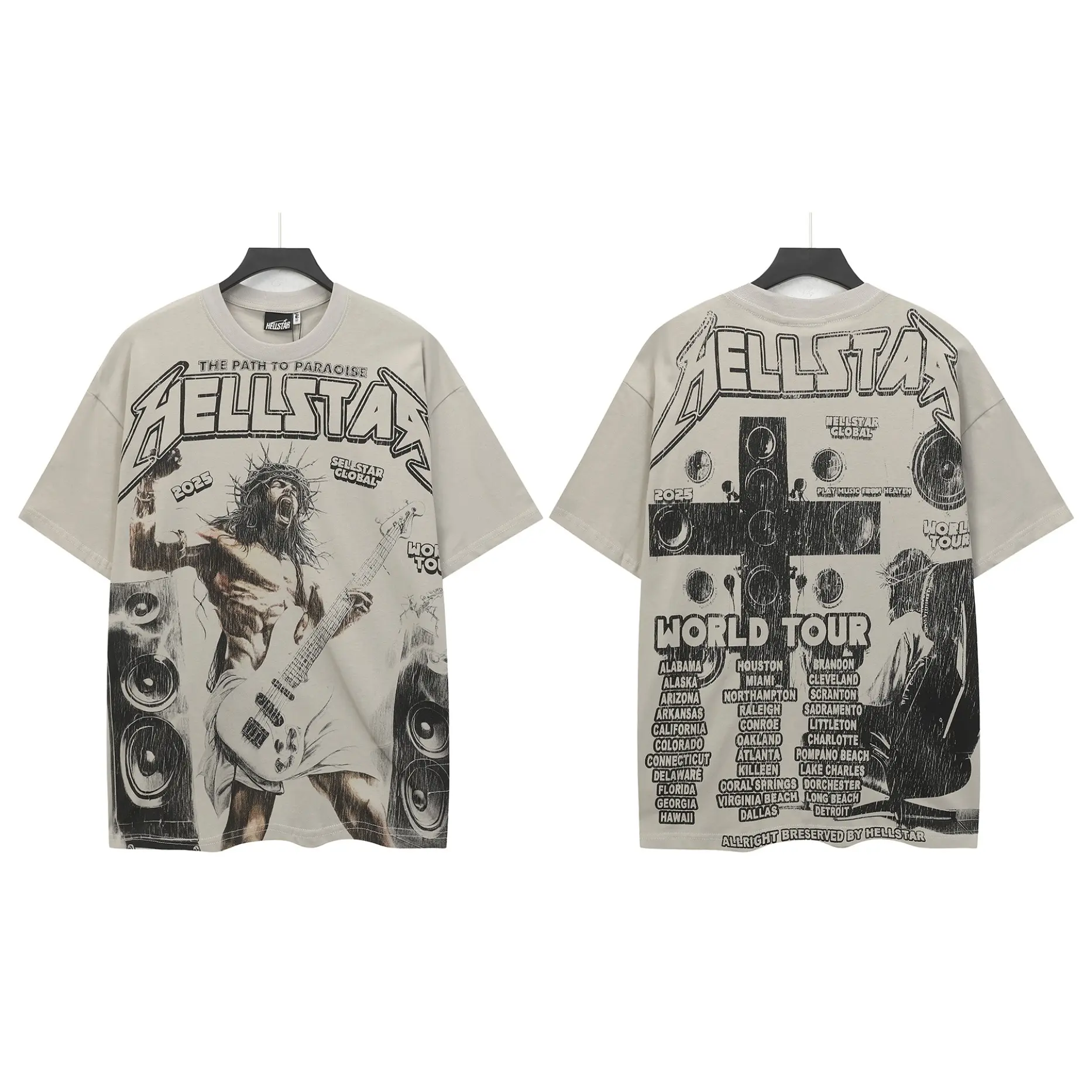 Hellstar Vintage Rock Band Graphic T Shirt Men's Oversized Streetwear Tee 240G Heavy Cotton Washed Retro Music Tour Print Short Sleeve Top Y2K Casual Unisex Fashion Fabric Menswear