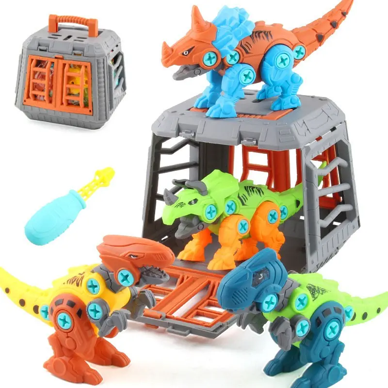 Removable Dinosaur Building Blocks Toy for Kids, Building Block Sets, 4-Pack DIY Dinosaur Toys, Dinosaur Stacking and Assembly Set, Educational Construction Kit with Storage Box, Includes Handheld Screwdriver, Dinosaur Gift for Boys and Girls Ages 3-5