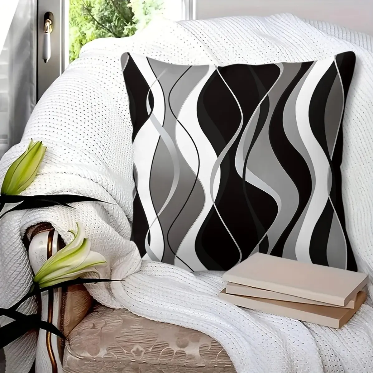 45x45cm1Pc Modern Abstract Wave Line Pillow, multi-color geometric curve prints, fluffy removable cover, decor cushion for living room & bedroom (with insert), Polyester Fiber Cushion