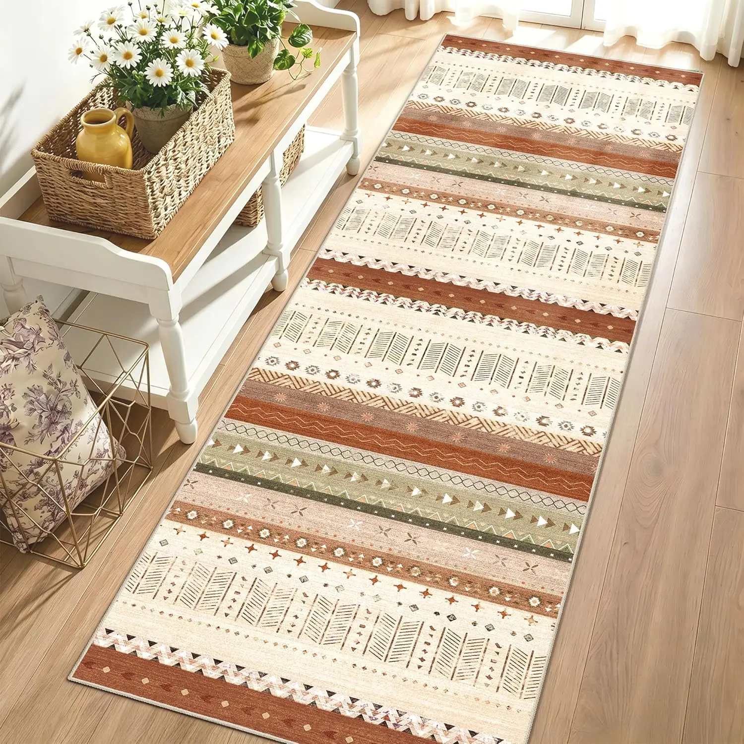 Washable 2x6 Runner Rugs for Hallway Kitchen Bedside,Boho Long Area Rug for Bedroom Bathroom Laundry Room Floor Non Slip Carpet Throw Rug Modern   Striped Terracotta