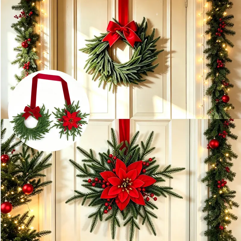 Real Touch Norfolk Pine Two Sided Christmas Hanging Wreath Premium Red Velvet Ribbon Bow Poinsettia Berry Home Holiday Decoration
