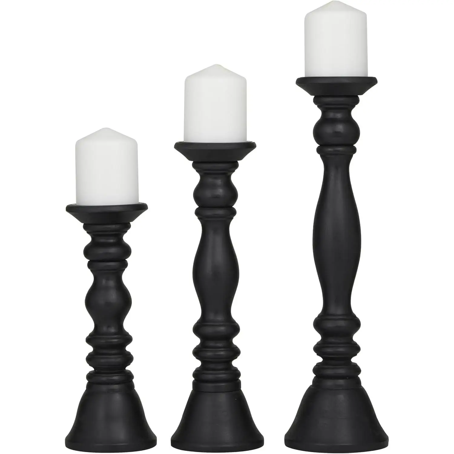 Black Sturdy Classic Traditional Elegant Warm Turned-Style Wooden Pillar Candle Holder Set of 3 (18'H, 15'H, 12'H) - Round Table Centerpiece, Gift-Worthy (Metal Accent Included)