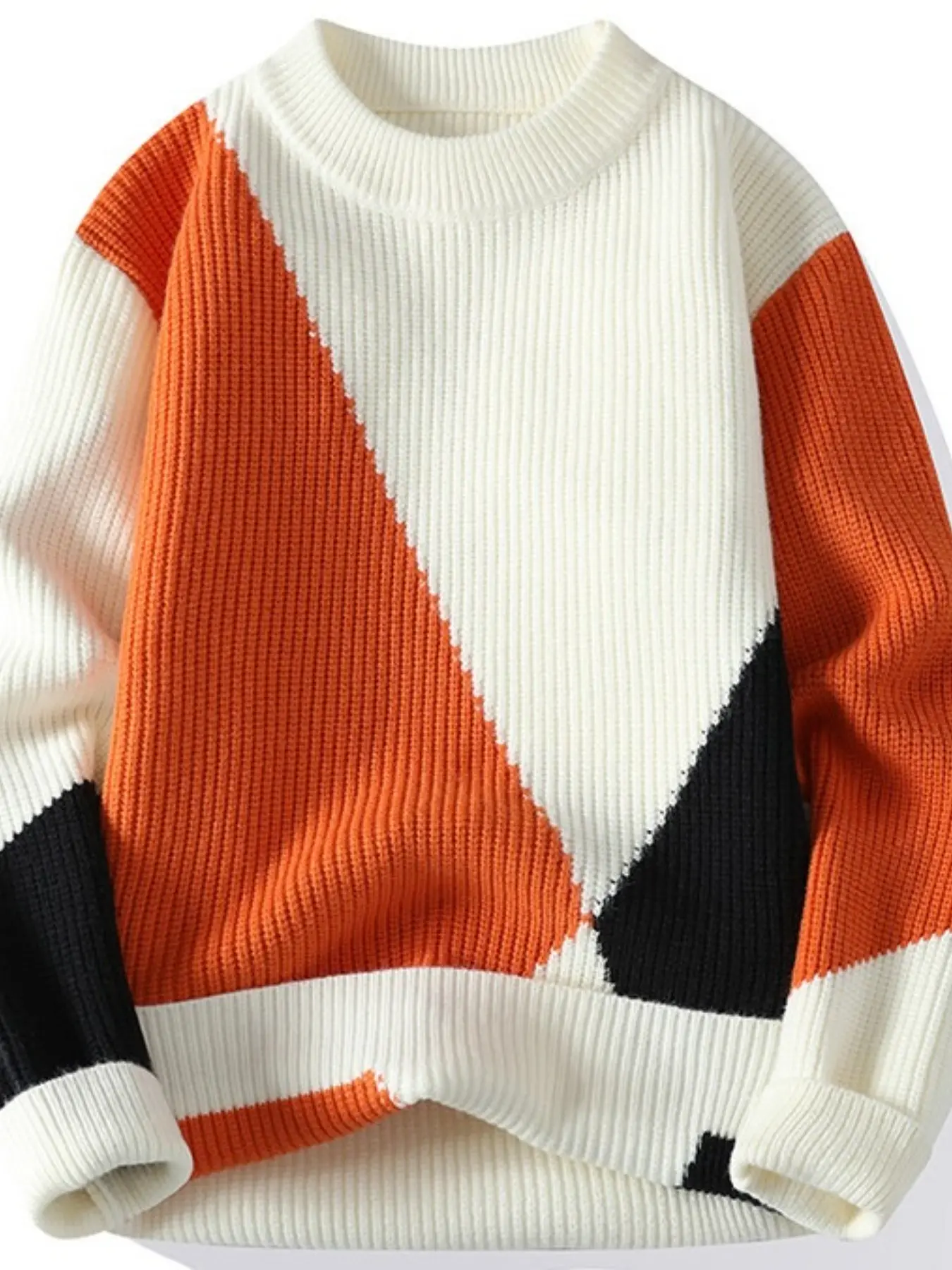 Men's Colorblock Geometric Round Neck Sweater, Thick Vertical Stripe Knit Pullover, Vintage Patchwork Rhombus Knit Top, Fall Winter Casual Streetwear