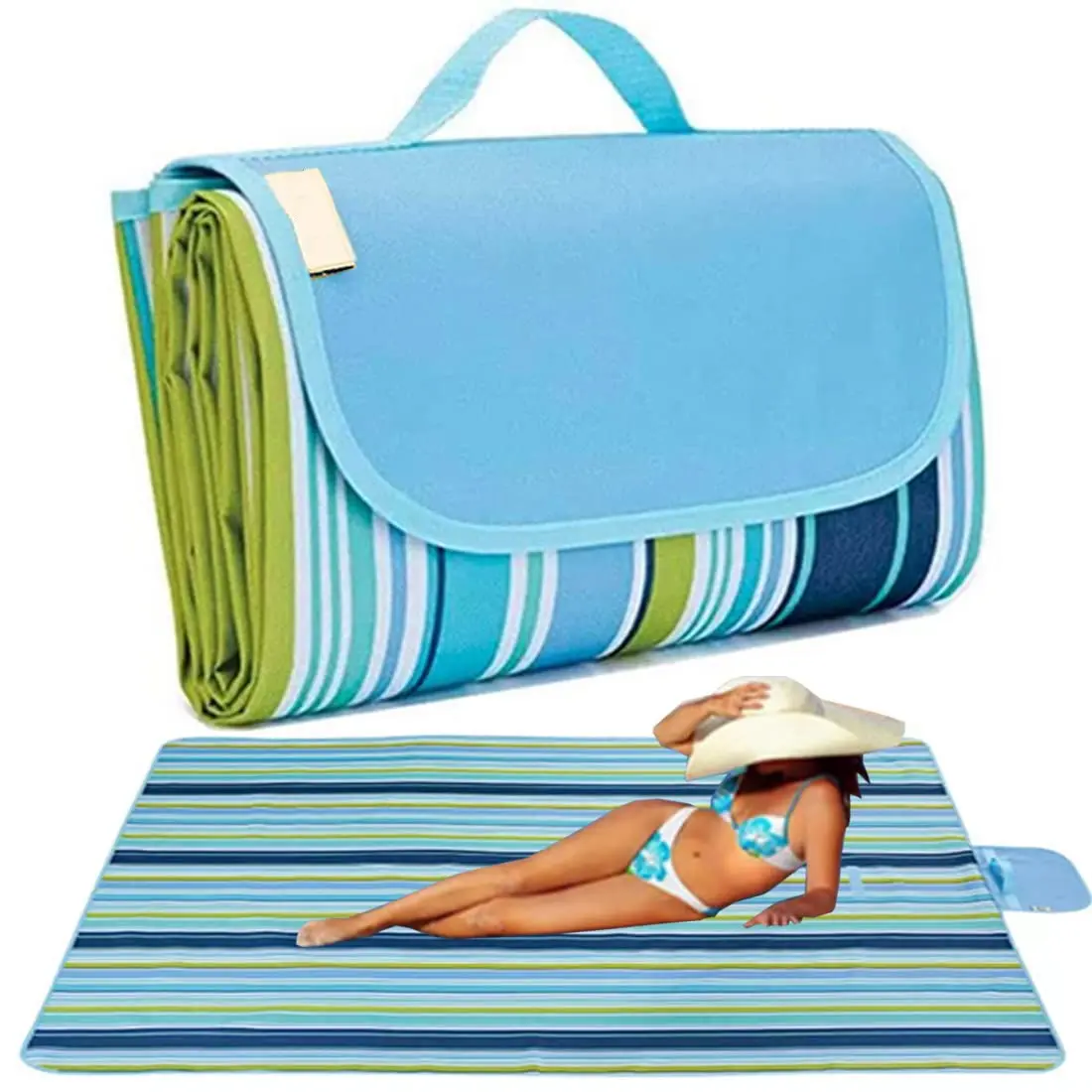 Picnic Blanket, Beach Blankets Sandproof Beach Mat for 2-3 Adults Waterproof Quick Drying Outdoor Travel Accessory Lightweight Picnic Mat for Travel Camping Park Lawn Beach Trips Camping Gear (Blue Stripes)