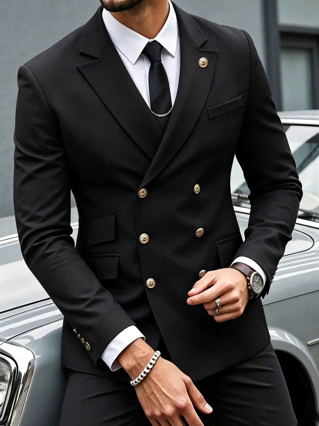 Men's double-breasted suit jacket featuring opulent gold buttons; tailored for a sharp, slim fit and ideal for formal occasions such as banquets and evening events, Business Formal Wear