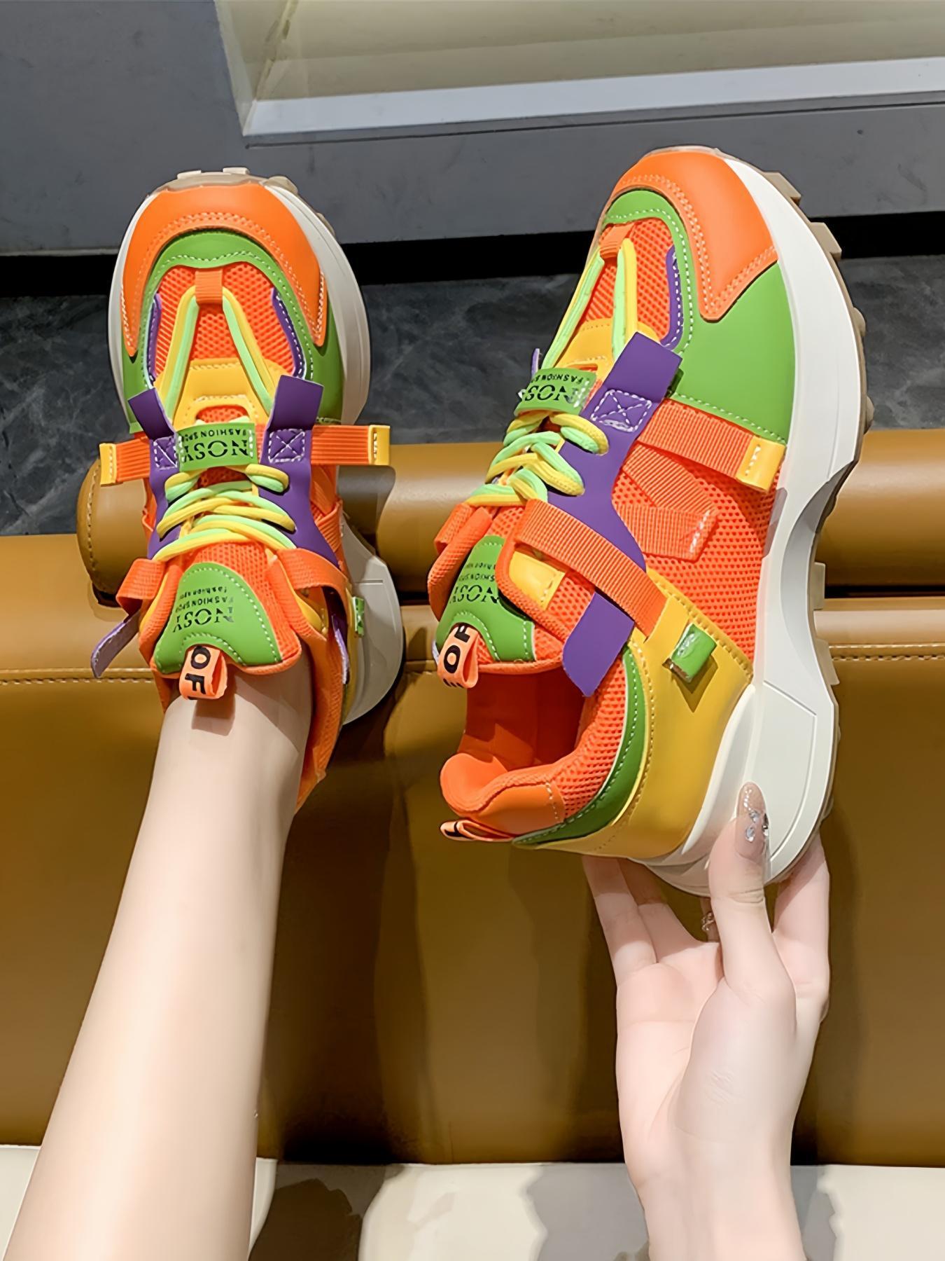 Women's Fashionable Solid / Colorblock Lace Up Sport Sneaker Walking Shoes, Casual Comfortable Breathable Sports Shoes, Female All-match Round Toe Shoes for Daily Wear