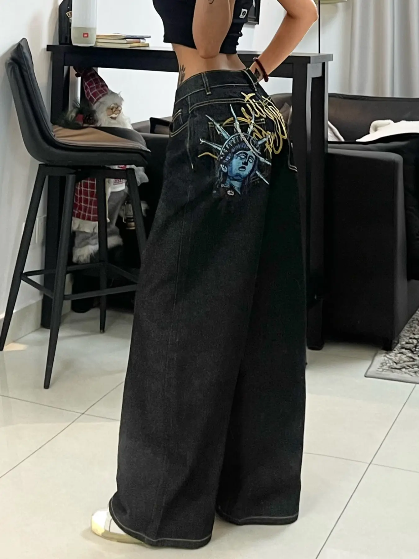 Women's Street Style Streetwear Letter Embroidered Jeans, High-Waisted Loose Fit Wide Leg Pants, Comfortable All-Season, No Belt Included