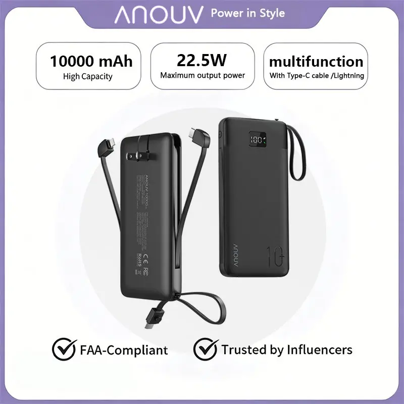 22.5w Fast Charge 10000mah Power Bank, Type-C Bidirectional Charging, LED Display, USB Cable Included, Portable Charger for Phone Tablet, Travel Power Bank
