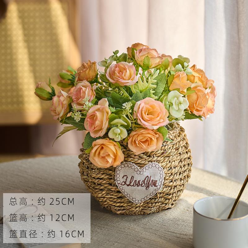 Rose & Sunflower Arrangement with Woven Grass Basket, Faux Floral Decor for Living Room & Dining Table White Babys Breath Bouquet