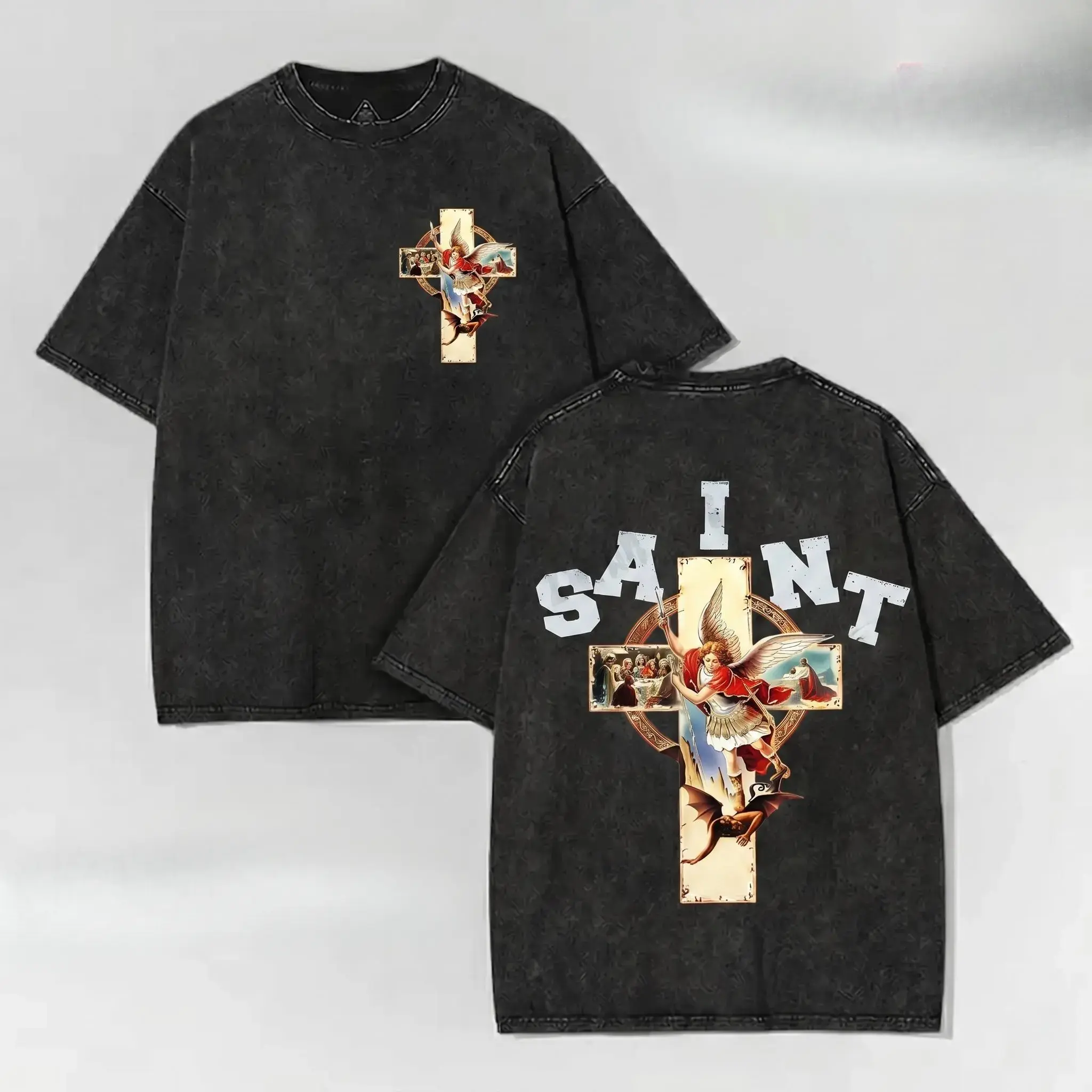 Washed Black Double‑Sided Graphic T‑Shirt Men Women Retro Classic Spiritual Faith Nostalgia Culture Bold I SAINT Archangel Cross Vintage Religious Scene Design Breathable Loose Casual Street Fan Street Tee