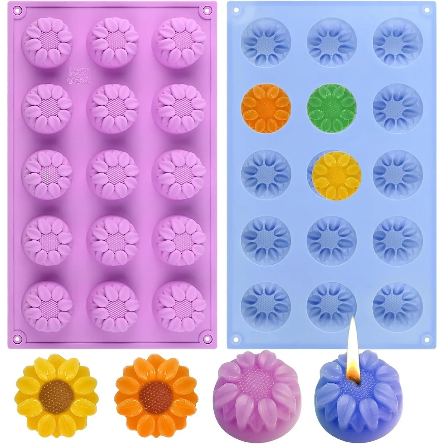 2 Pcs Round Sunflower Silicone Molds