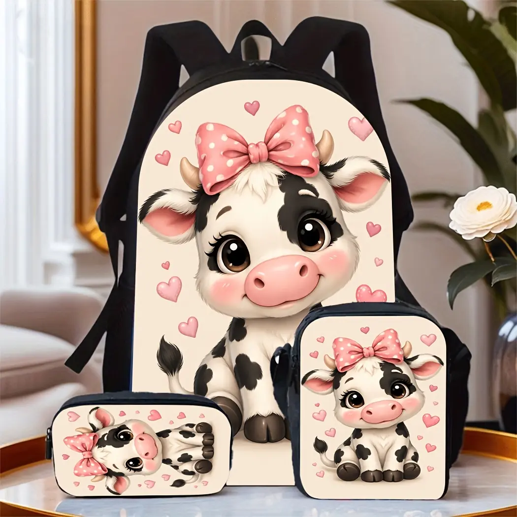 3pcs Backpack Set with Cute Cartoon Cow Pink Bow Print 3pcs Include:1 Backbag+ 1 Pencil Case+1 Handbag