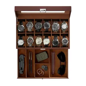 Watch Box for Men, 12 Slot Mens Watch Case With Drawer, Watch Display Case With Glass Lid, 2-Layer Watch Holder Organizer, Jewelry and Watch Storage for Men Women -12Slot, Espresso