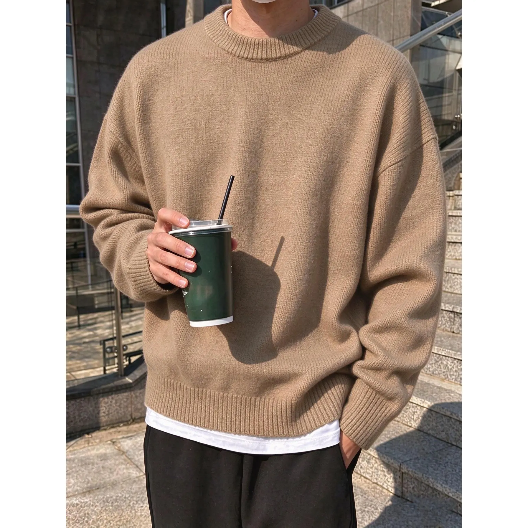 Men's Fall Round Neck Knit Pullover Loose Drop Shoulder Long Sleeve Sweater Solid Minimalist Knitted Top Soft Stretch Fabric Casual Daily Wear Warm Comfortable Versatile Outerwear For Everyday Wear