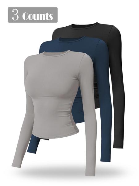 Women's Solid Long Sleeve Sports Tee, Sporty Round Neck T-shirt for Yoga Gym Workout Running, Ladies Sportswear for Spring & Fall, Gym Performance Top