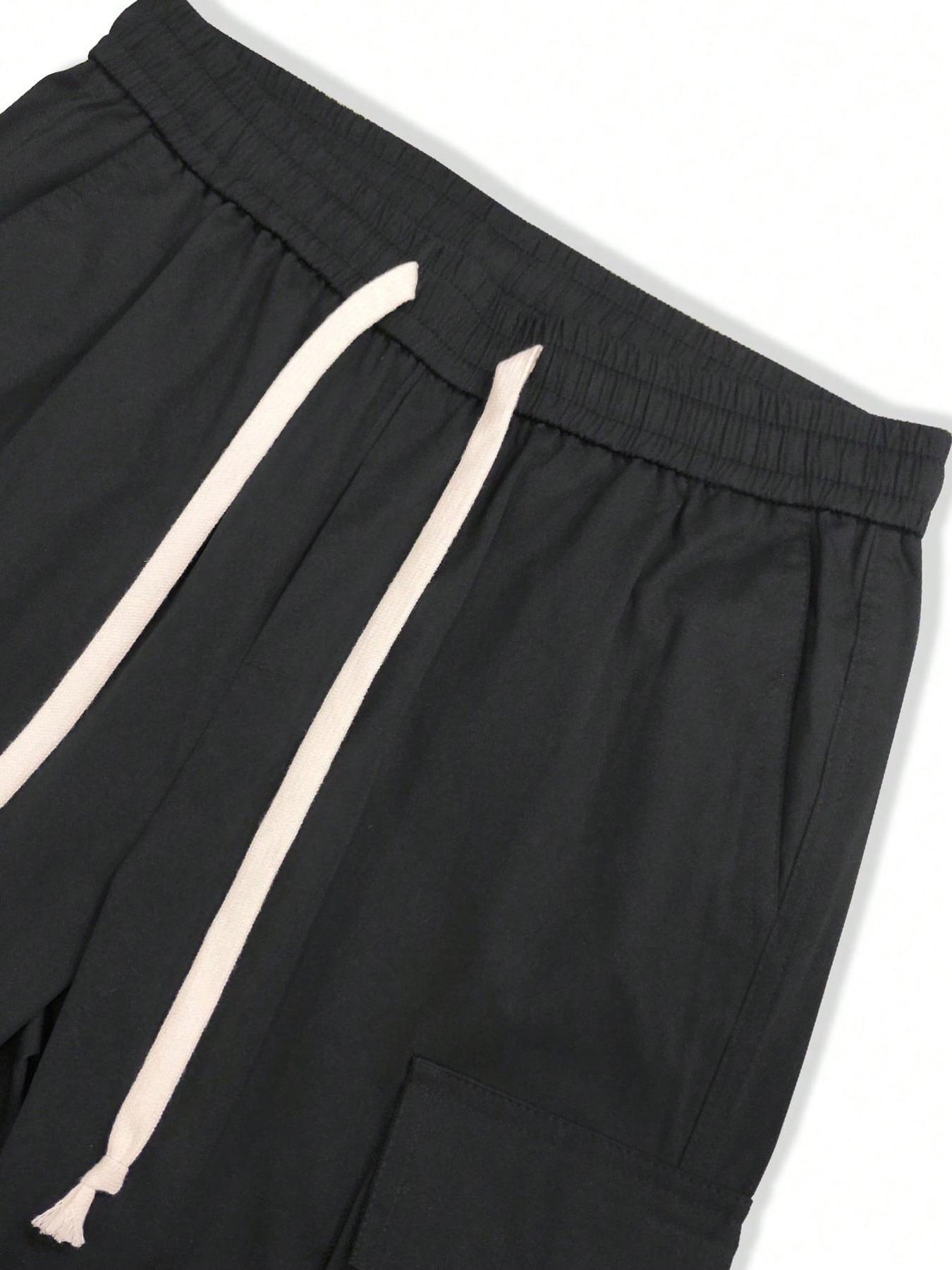 Men's Solid Pocket Drawstring Cargo Pants, Loose Street Straight Leg Trousers, Mens Clothing, Summer Pants, Men's Bottoms for Daily Wear