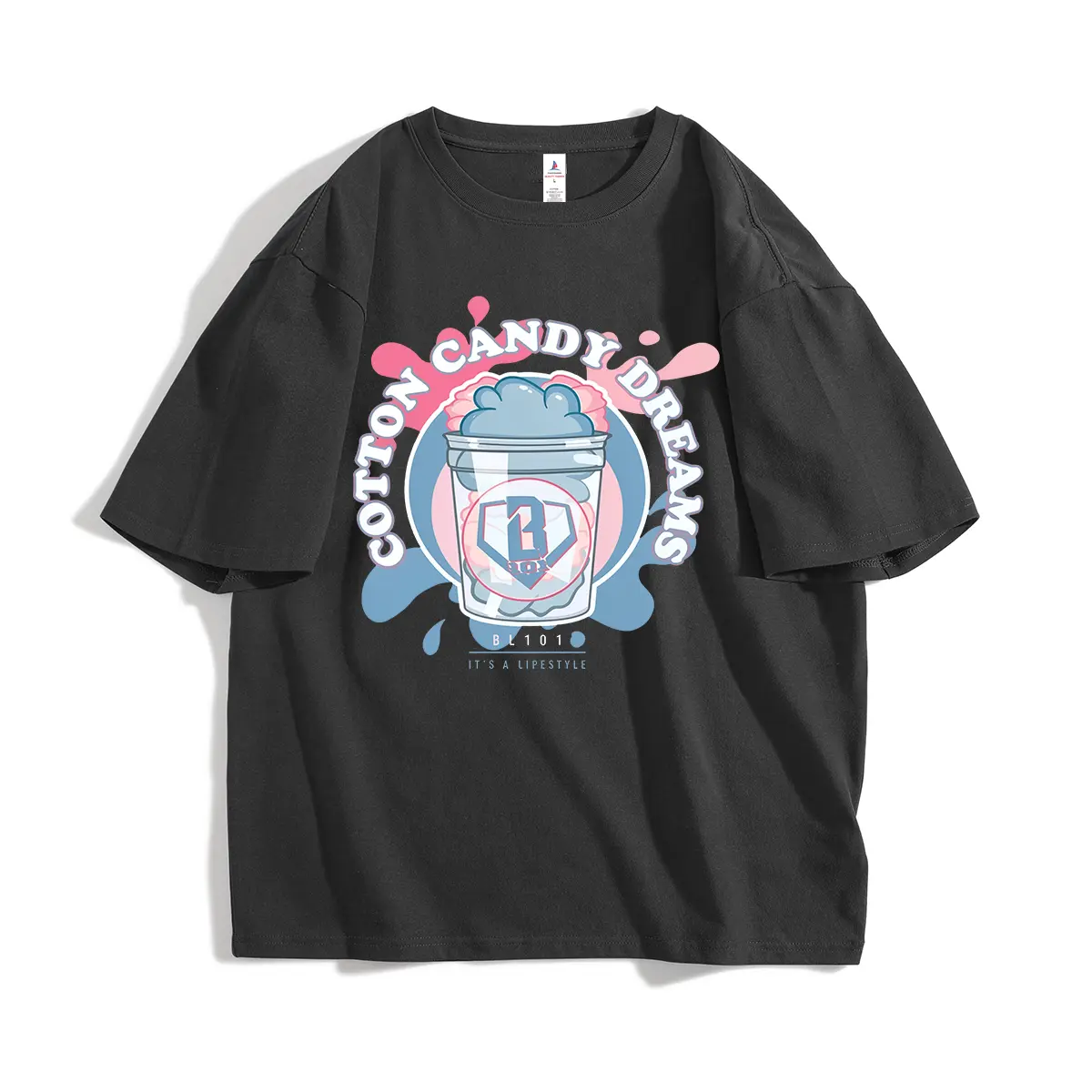 Cotton Candy Dreams Oversized Unisex Tshirt Black Pink Light Blue White Crew Neck Short Sleeves Pop Art Graphic Tee for Teens Gen Z