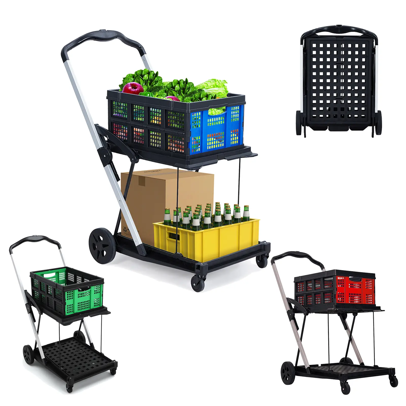 2 Tier Aluminum Utility Trolley, Foldable Space-Saving Garden Cart with Detachable Crate, Wheeled Design Perfect for Gardening, Picnic and Daily Shopping