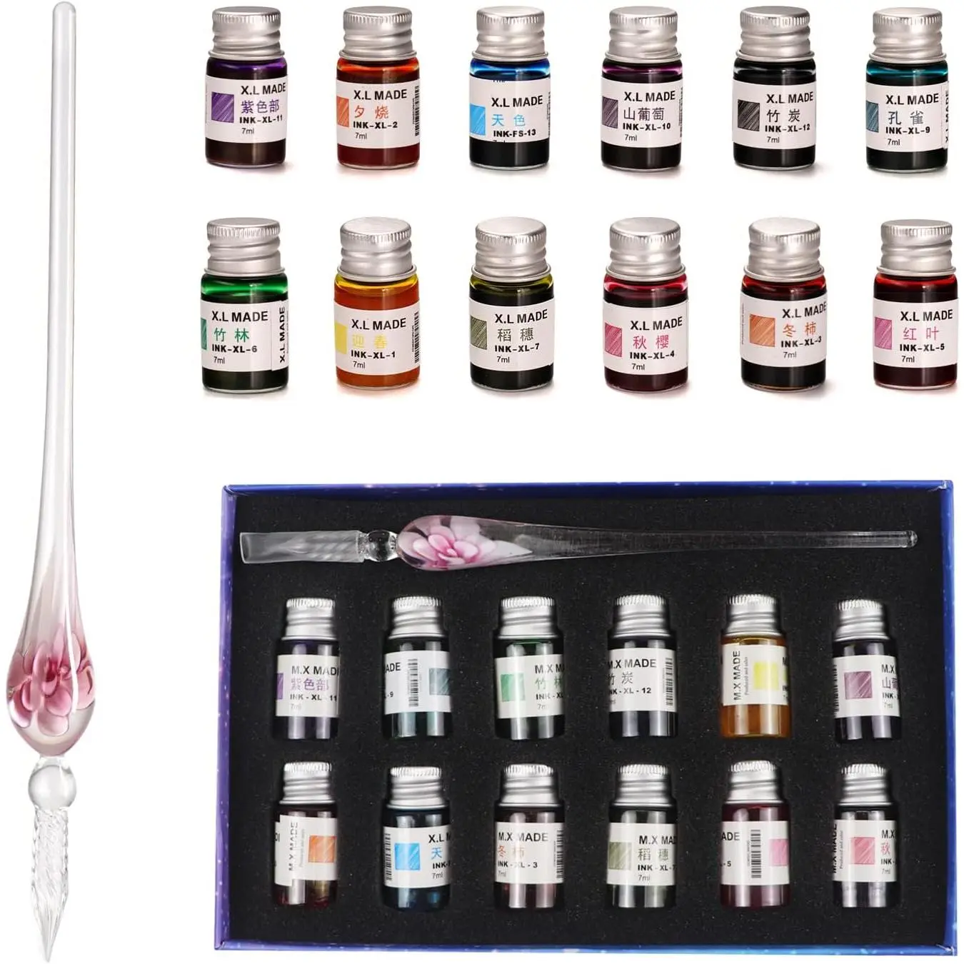 Glass Pen Set Calligraphy Dip Pens,12 Colorful Inks,Caligraphy Sets for Art, Writing, Signature, Decoration,