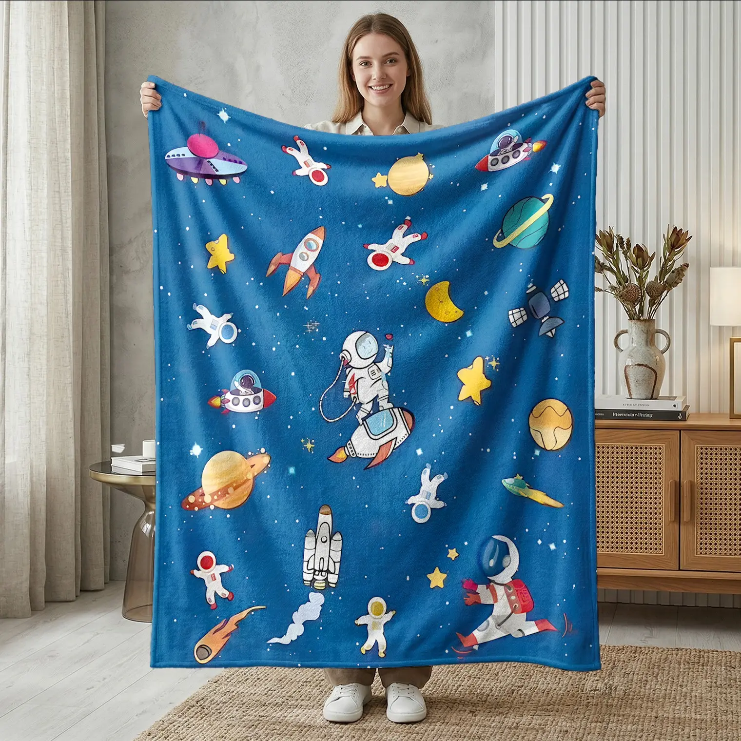 Cartoon Space Adventure Flannel Blanket, Deep Blue Starry Sky with Astronauts, Rockets, Planets, Ufos, Satellites, Soft and Warm, Ideal for Kids and Dorm Decor
