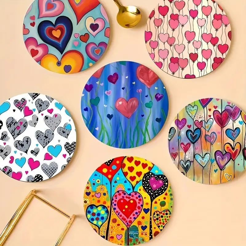 2D flat 6-piece cute heart-shaped wooden coasters, heat-resistant coffee pads, suitable for bars, family gatherings, coffee shops, offices and other places, are housewarming decoration gifts.