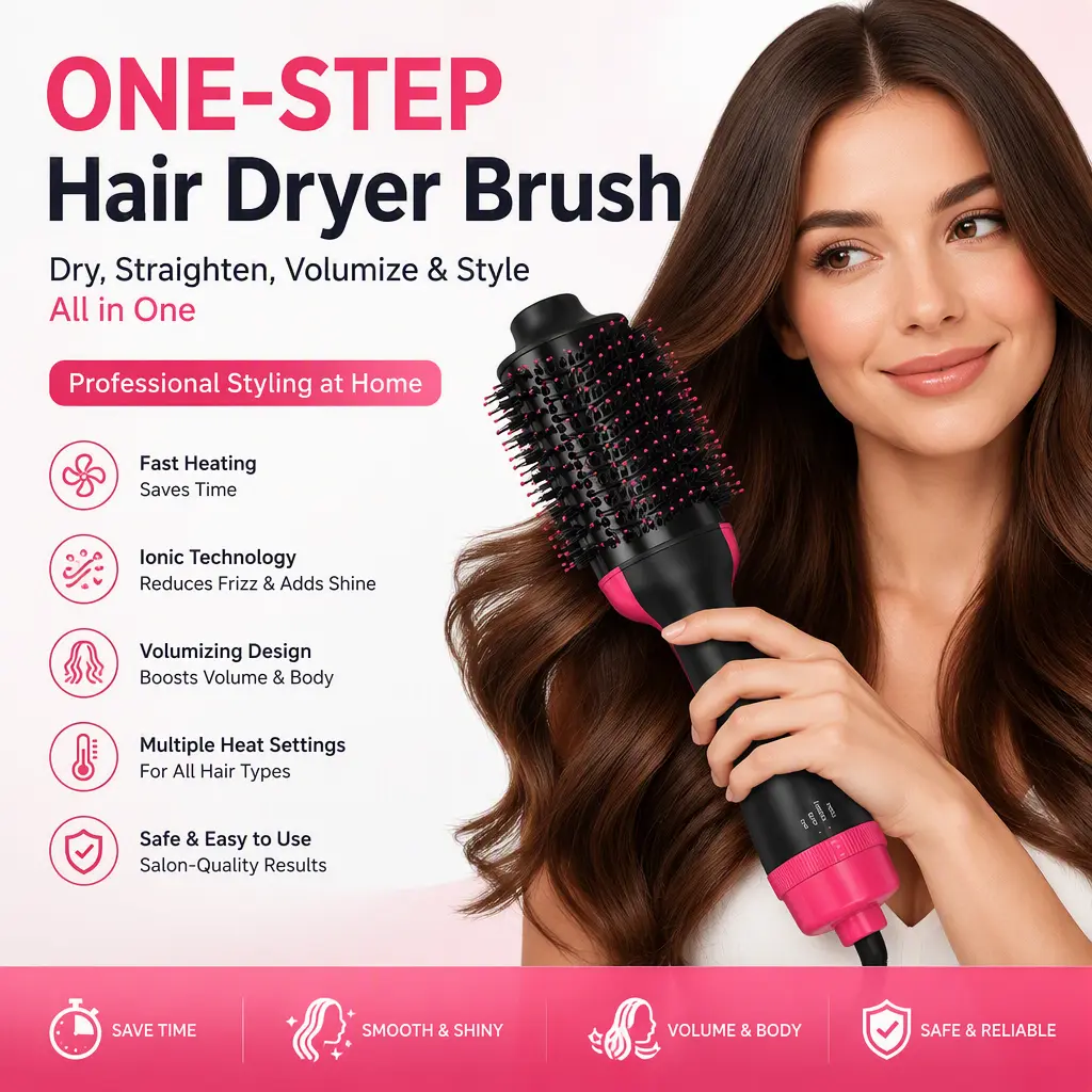 Professional One-Step Hair Dryer Brush, Fast Heating Hot Air Styler, Ionic Blow Dryer & Volumizing Hair Straightener Comb, Salon-Quality Hair Styling Tool for Drying, Straightening & Curling