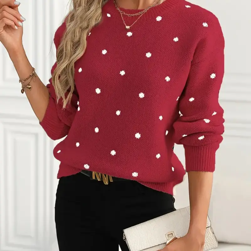 Elegant Polka Dot Round Neck Pullover Sweater, Long Sleeve Basic Knitwear for Women, Ladies Fashion Clothing for Daily Wear