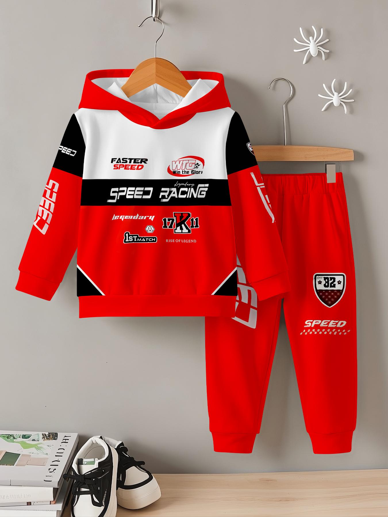 2pcs Boys' Racing Sport-Themed Digital Print Hooded Sweatshirt & Pants Set - Long Sleeve Casual Sportswear with "SPEED" & "Racing" Graphics, Comfortable Fabric, for Outdoor, Perfect For Outdoor, Ideal Clothing Gift For Kids
