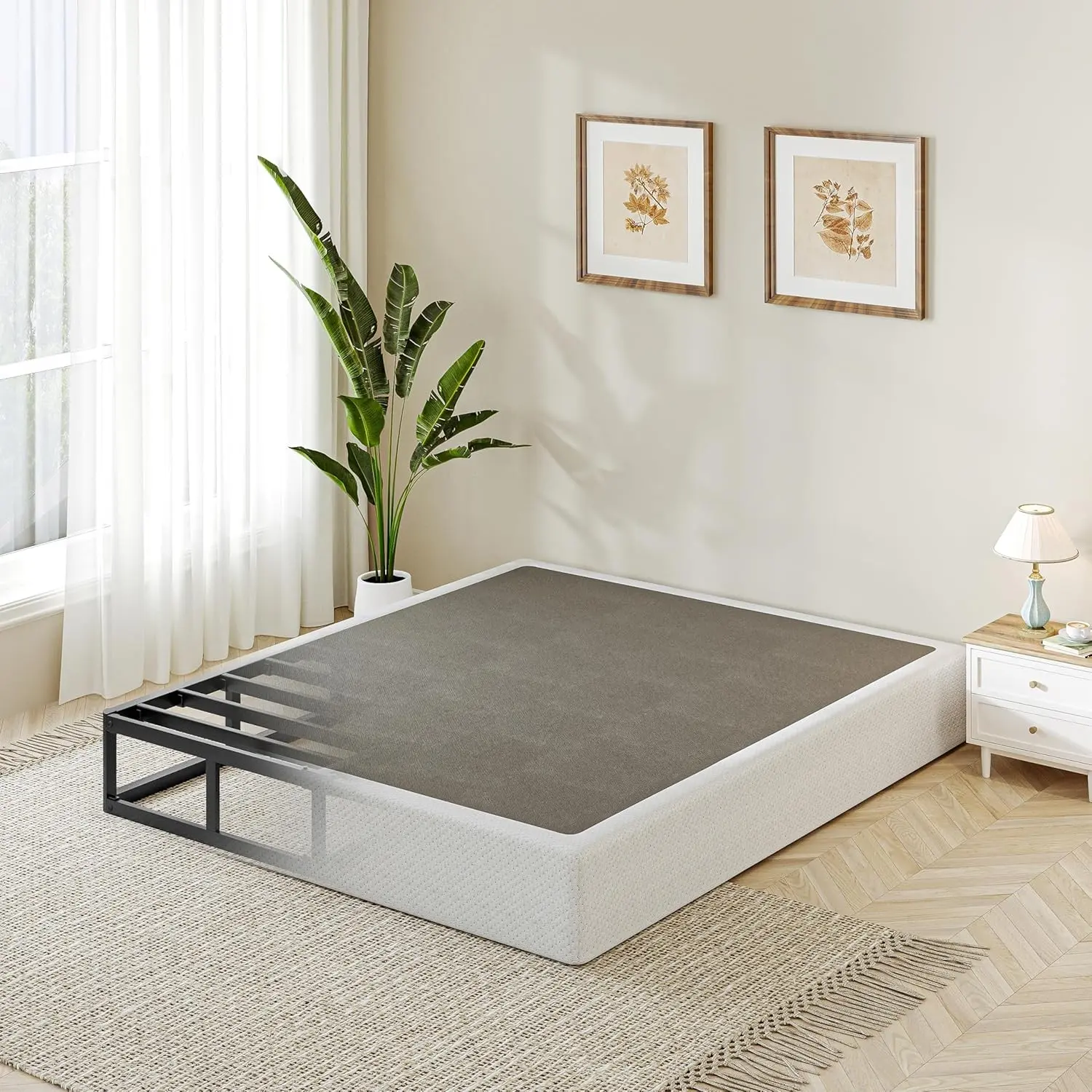 Queen Box Spring 5" Low Profile Mattress Foundation | Heavy-duty steel frame, supports 3500lbs, fabric cover, no-squeak design, easy assembly