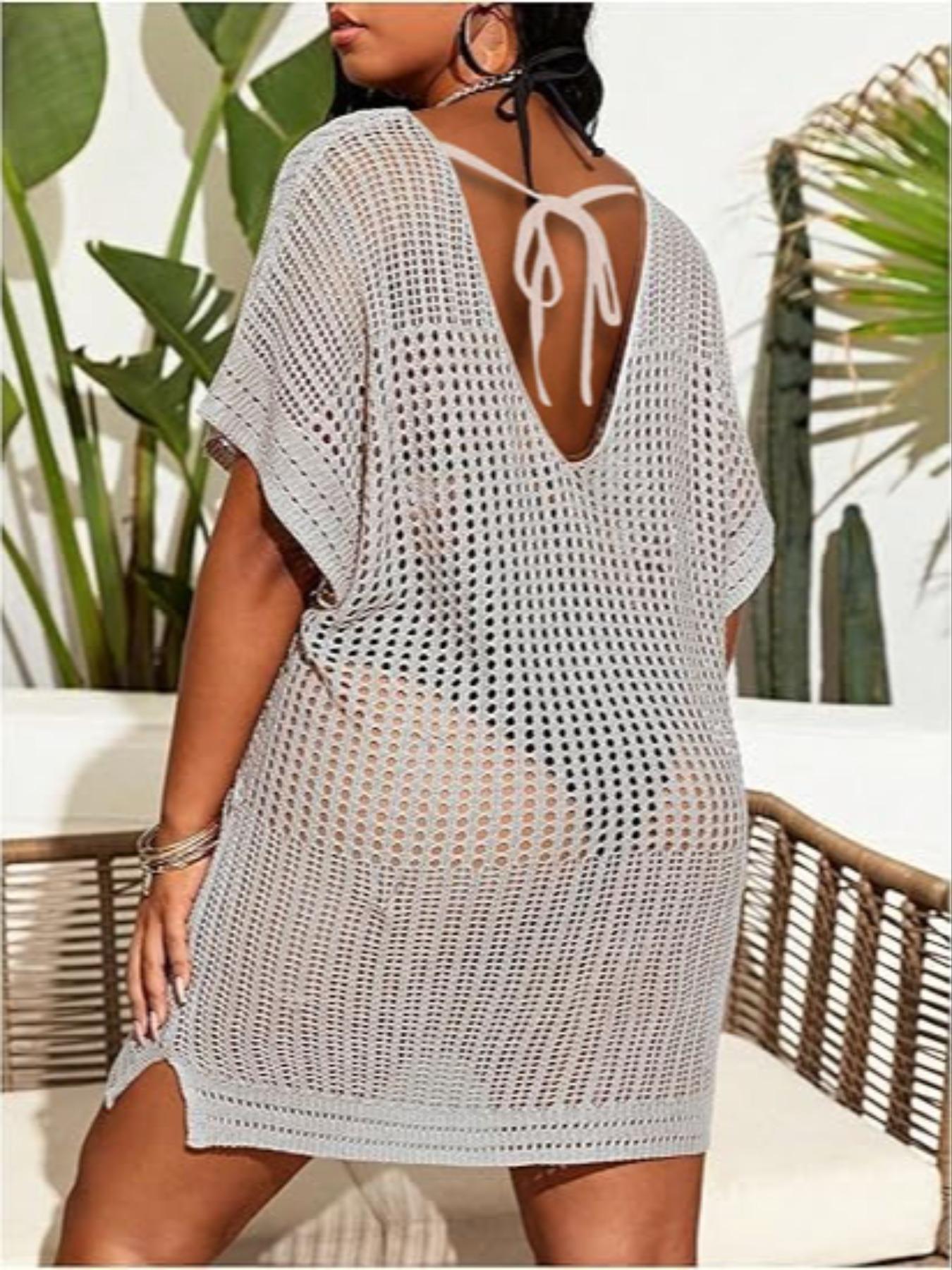【Plus Size】 Plain Knit Dress, Plus Size Women's Crochet Swimwear Cover Up Dress, Women's Plus Clothing for Beach Holiday Vacation