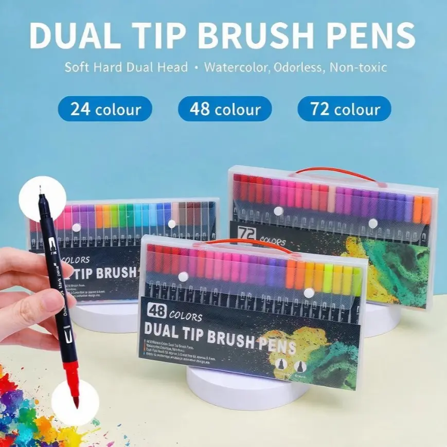 Dual Tip Watercolor Marker Set (24/48 Colors) - Water-Based, No Bleed, Soft Brush & Fine Tip, Washable & Non-Toxic, Ideal for Journaling, Illustration, Coloring - Artist Supplies, Art Marker Pens, Art Supplies / Birthday Gift for Kids & Adults