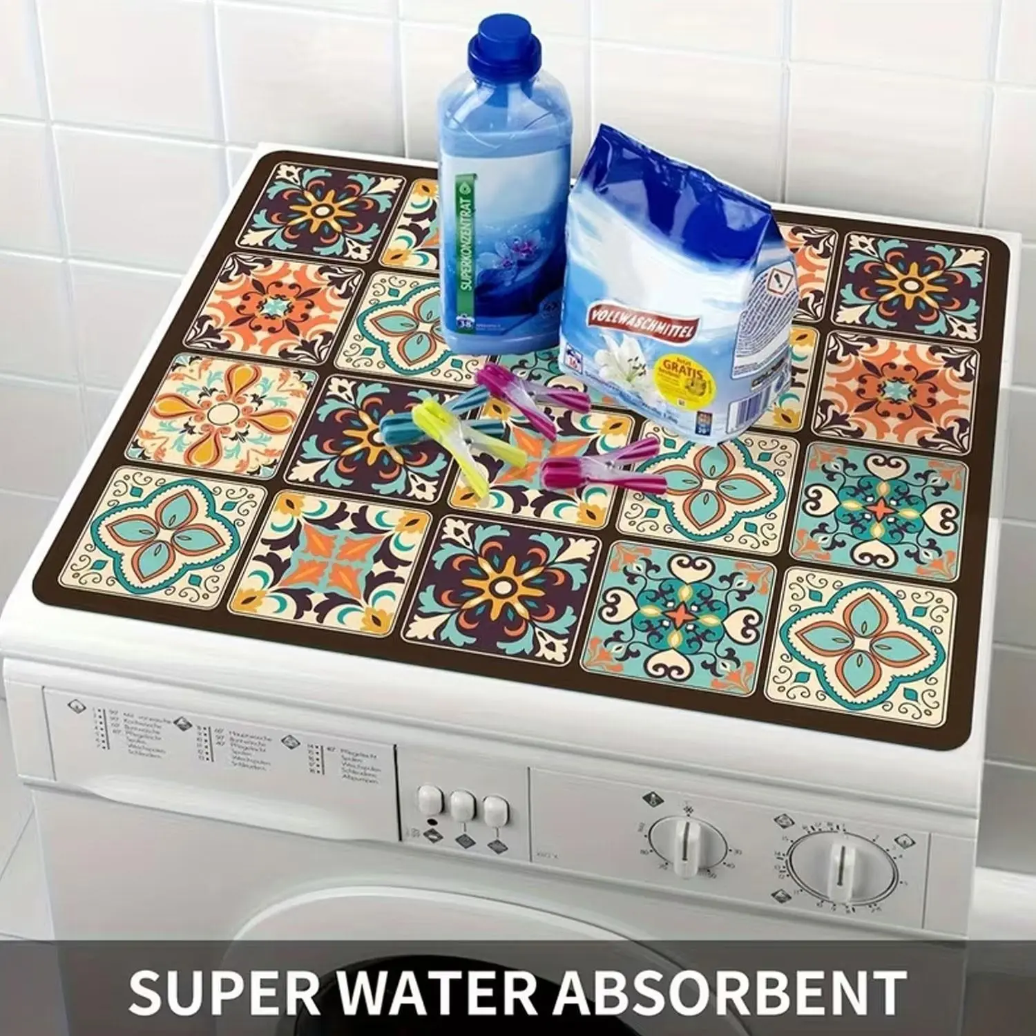 Retro-style mosaic home appliance dust cover, universal protection cover for washing machines and dryers, made of waterproof, slip-resistant and stain-resistant fabric, serving both as an appliance protector and a space decorative item