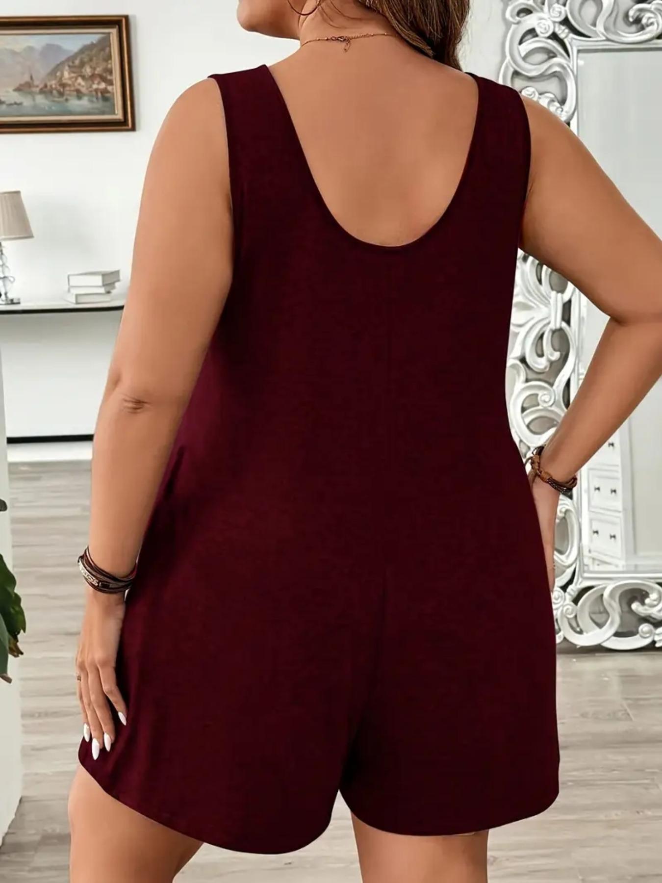 Plus Size Solid Color Sleeveless Fitted Romper, Elegant Casual Romper, Casual Comfy Romper for Summer, Women's Plus Clothing for Daily Wear, Basic, Casual Sleeveless Overalls, Womenswear