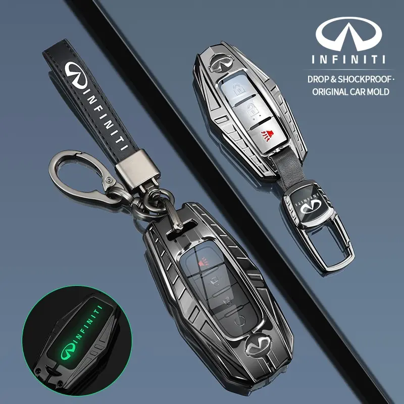 Car key case suitable for Infiniti G25 G35 G37 Q50 Q60 Q70 QX55 JX35 QX50 QX60 QX80, matte black alloy key cover, rugged sporty style, precise fit, custom-molded without blocking signal, key ring included