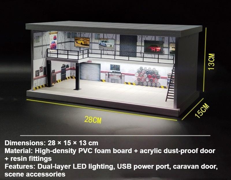 Diorama 1/64 Car Garage Model LED Lighting City Repair Workshop Two-storey Car Parking Lot Scene Display Model Collection Gift Toy
