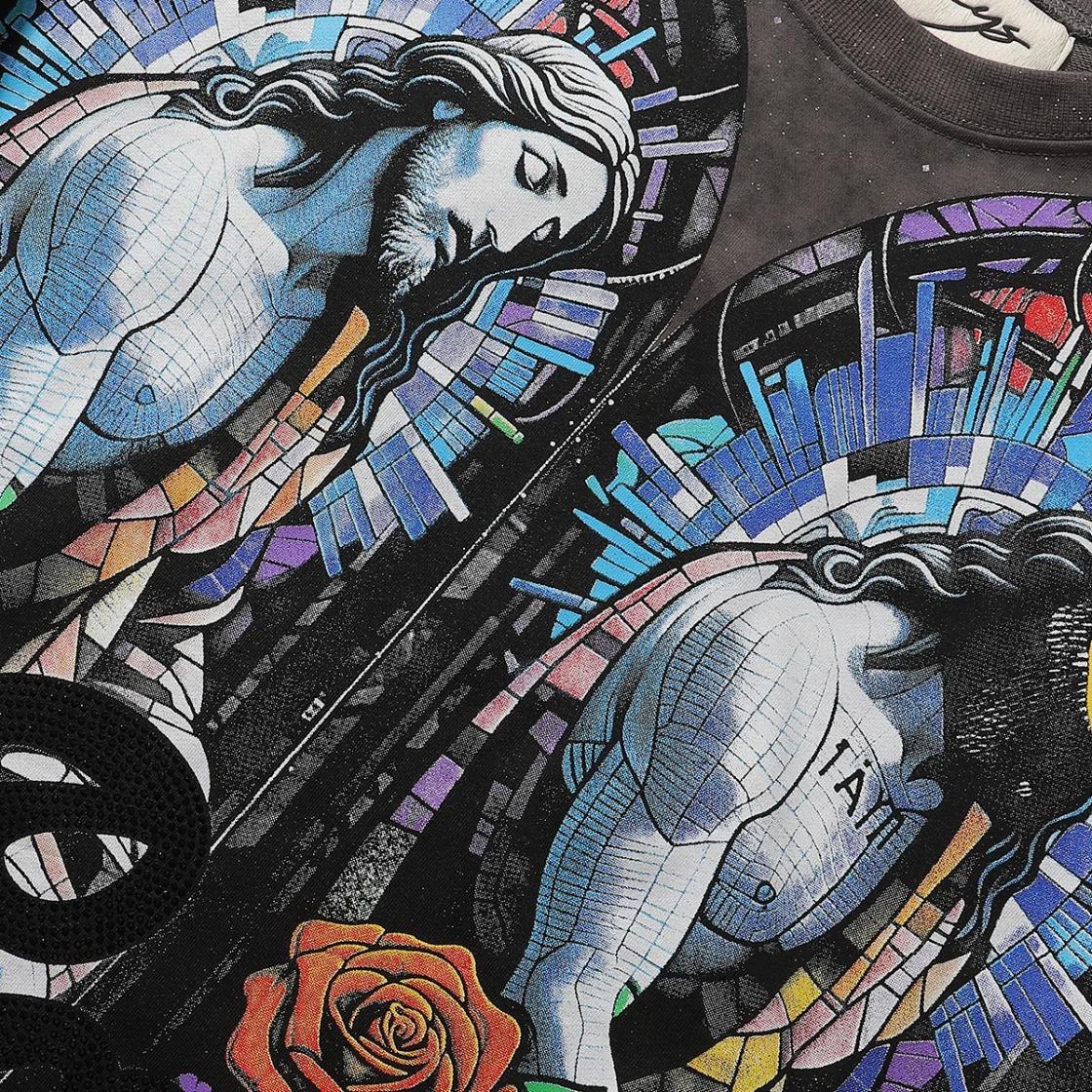 Sparkling Rhinestone Crew Neck T-Shirt, Unisex Loose Cotton Summer Tee, Plus Size, Bling Character Print, Washed Gray Full Diamond Cropped Top for Men Women