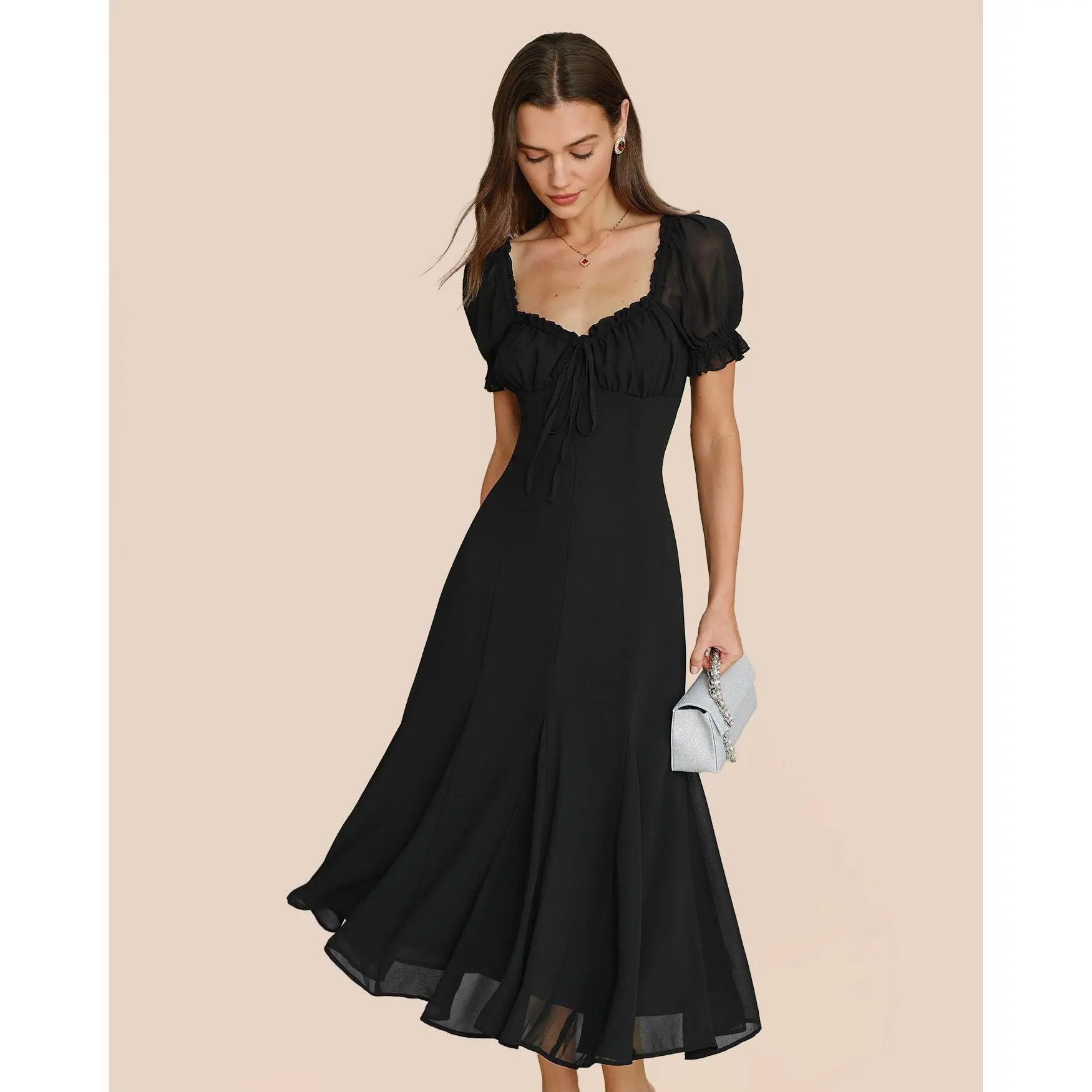 Black V Neck Puffed Sleeve Midi Dress