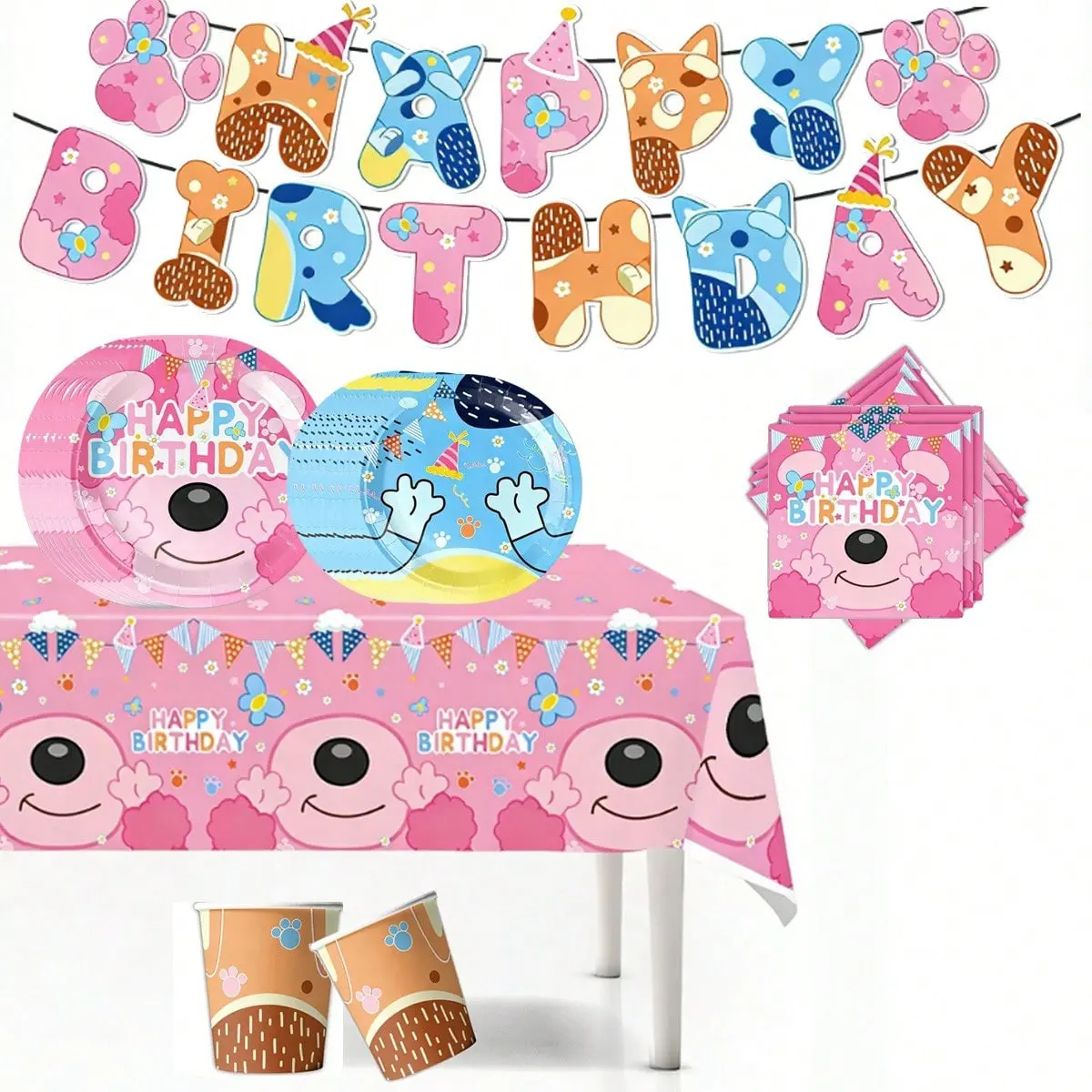 Blueys Blue and Party Theme Tableware Set, Disposable Cartoons, Non-Toxic, Ideal for Bbqs & Campsites, Complete Festival Decorations