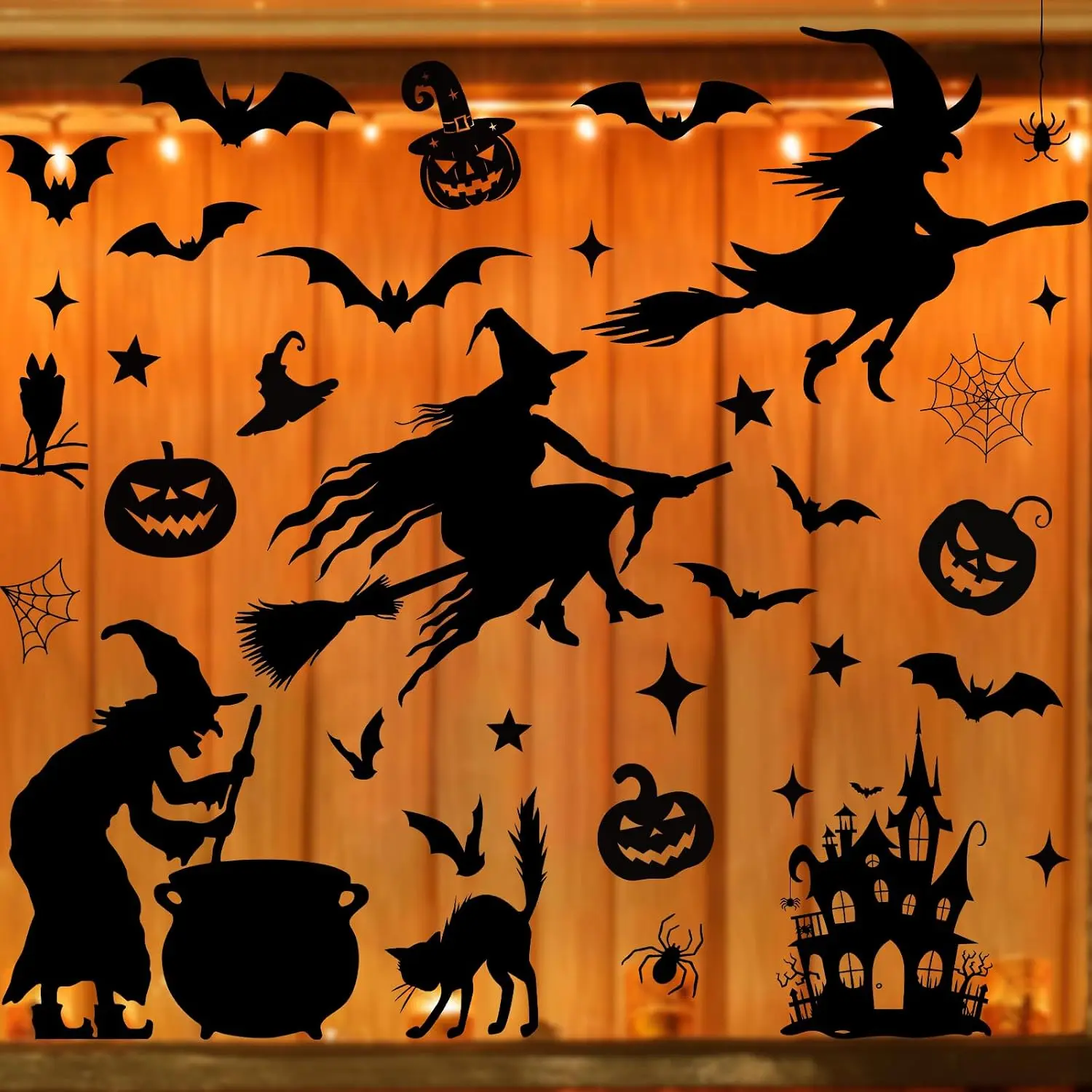 Large Halloween Witch Window Clings 6 Sheets, Vintage Spooky J-O-Lantern Bat Cling Reusable Bats Window Decals Stickers for Home Black Party Decorations Supply - 2 Clings Form 1 Witch (Castle)
