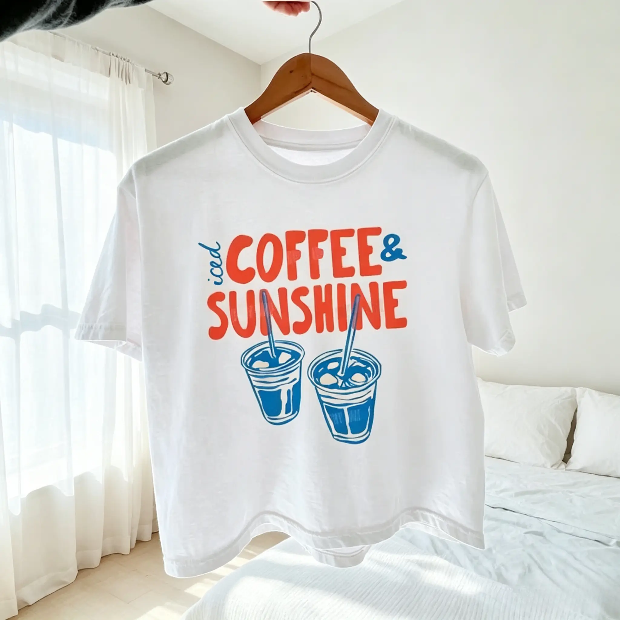 Iced Coffee & Sunshine Front Print Cute Summer Crop T-Shirt, Retro Letter Cold Brew Cup Cropped Women Top, soft casual fit, multi-scene daily wear. Affordable little surprise gift for coffee lovers, sunny summer and cozy laid-back vibe aesthetic fans.