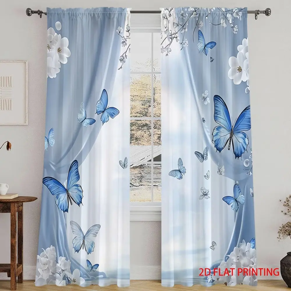 2pc Butterfly Pattern Window Curtains, Home Decorative Curtain, Light Blue Digital Print, Semi-Sheer, Modern Farmhouse Style, Polyester, Ideal for Living Room, Kitchen, Bedroom
