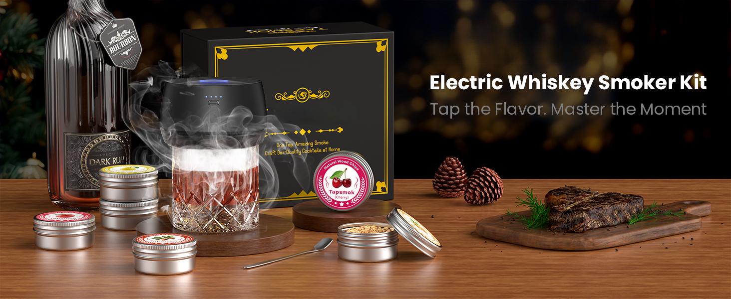 Electric Whiskey Smoker Kit: Rechargeable Cocktail Smoker for Old Fashioned & Bourbon Drinks with Built-in Lighter, No Butane Needed, 6 Wood Chips, Christmas Whiskey Gift for Men, Dad, Husband