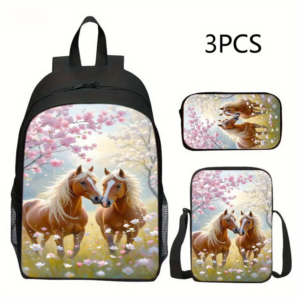 3-Piece Cute Lightweight Polyester Horse Backpack Set - Shoulder Pack, Crossbody Pouch, Pencil Case - Insulated Lunch Bag Compatible - Ideal for Middle School Back to School Haul, Trips - Great Gift