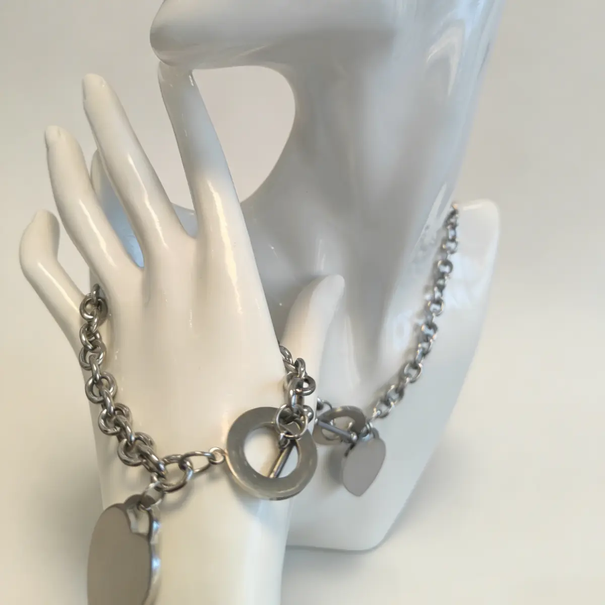 Women's Vintage Stylish Bracelet and Necklace Set - Valentine's Day Gift, Trendy Classic Chunky Heart Toggle Jewelry Set, Suitable for Gifting & All Daily Occasions