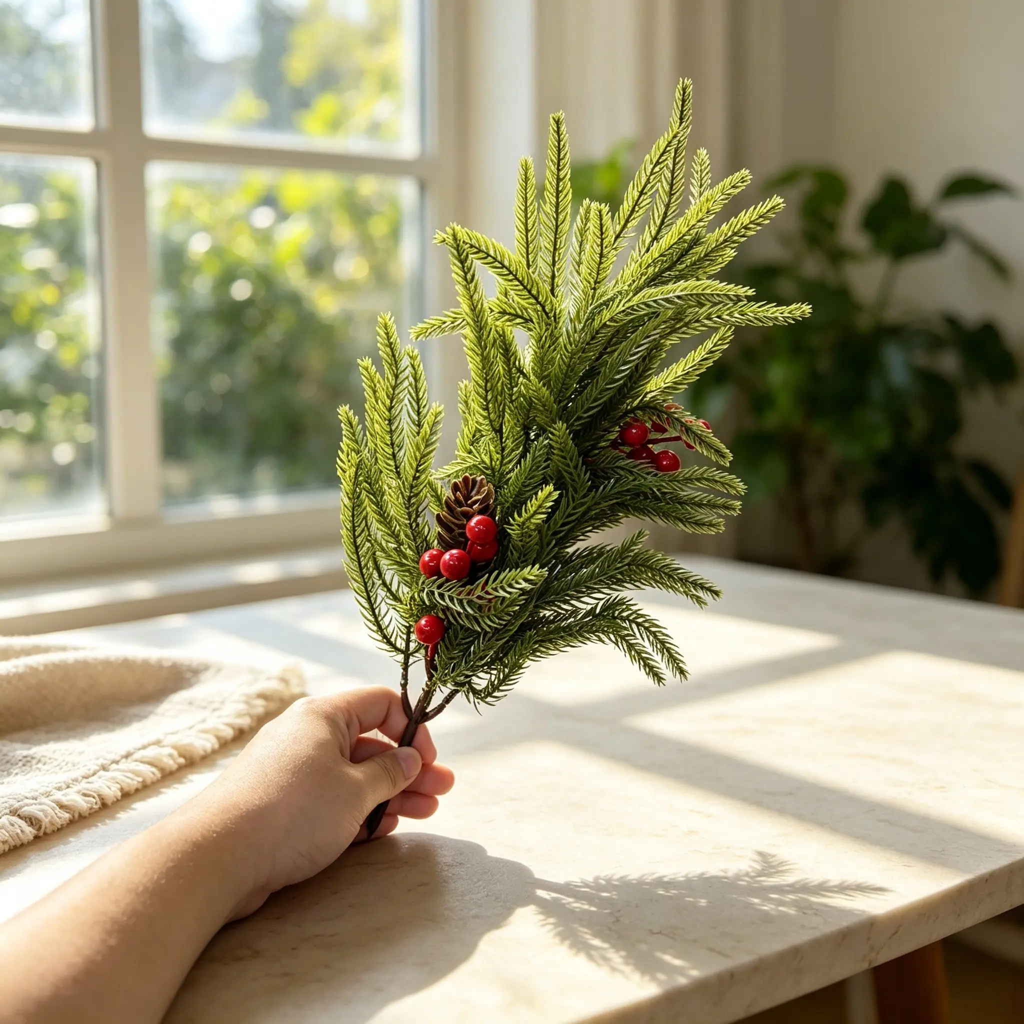 2 Pcs Realistic Pine Needle Decorative Branches with Berries, No Maintenance, Fade-Resistant, Christmas Decoration for Home, Shop, Party, DIY Crafts