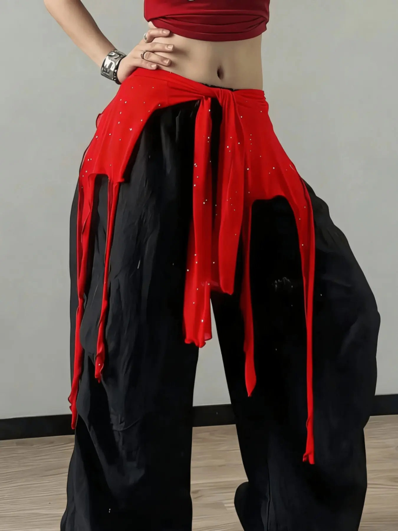 Women's Two-In-One Sheer Mesh Rhinestone Waist Scarf, Adjustable Fringe Skirt Cover, Transformable Short Cardigan, Jazz Dance, Streetwear